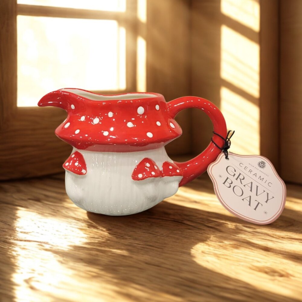 Vintage Mushroom Ceramic Gravy Boat, Whimsical Kitchen Serveware, 7.2''